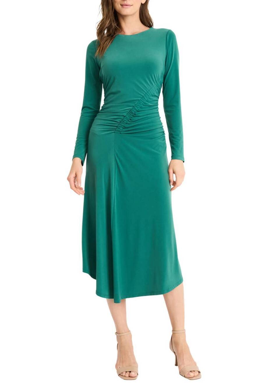NEW MAGGY LONDON long sleeve ruching detail midi dress in evergreen